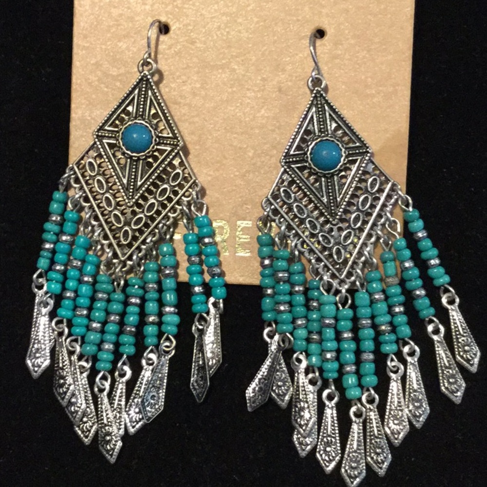 Forever 21 , Silvertone ,Blue Beaded Earrings
